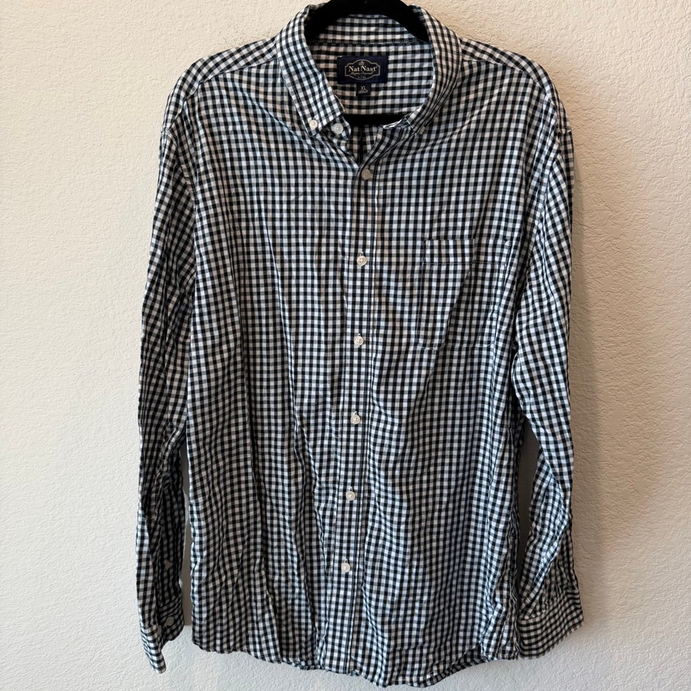Nat Nast Luxury Originals Mens XL Gingham Button Down Shirt Black White Blue